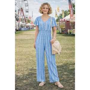 Japna Womens M Blue Floral Stripe Jumpsuit Wide Leg Jumpsuit Smocked Waist